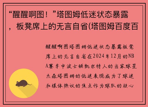 “醒醒啊图！”塔图姆低迷状态暴露，板凳席上的无言自省(塔图姆百度百科)