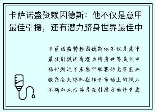 卡萨诺盛赞赖因德斯：他不仅是意甲最佳引援，还有潜力跻身世界最佳中场行列