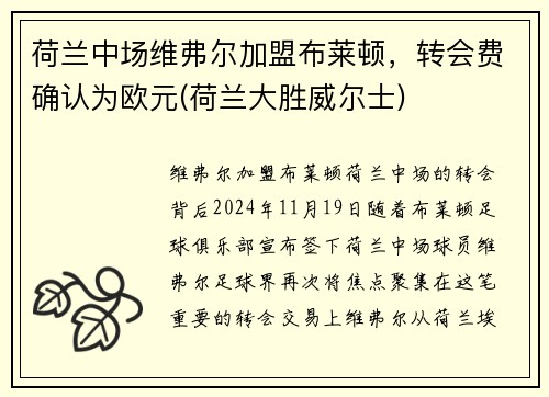 荷兰中场维弗尔加盟布莱顿，转会费确认为欧元(荷兰大胜威尔士)