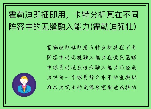霍勒迪即插即用，卡特分析其在不同阵容中的无缝融入能力(霍勒迪强壮)