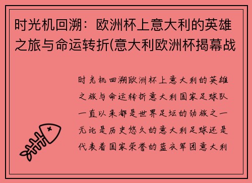 时光机回溯：欧洲杯上意大利的英雄之旅与命运转折(意大利欧洲杯揭幕战)