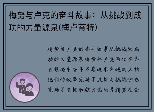 梅努与卢克的奋斗故事：从挑战到成功的力量源泉(梅卢蒂特)