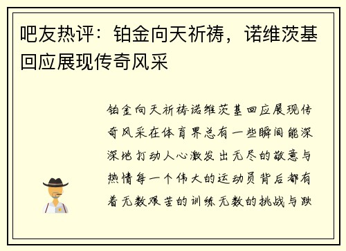 吧友热评：铂金向天祈祷，诺维茨基回应展现传奇风采