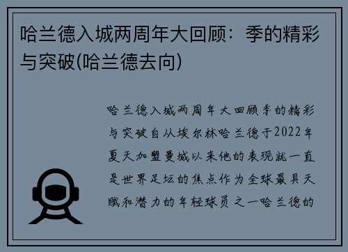 哈兰德入城两周年大回顾：季的精彩与突破(哈兰德去向)