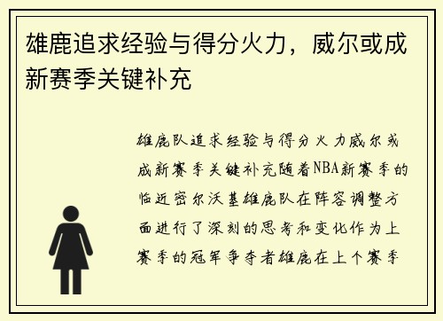 雄鹿追求经验与得分火力，威尔或成新赛季关键补充