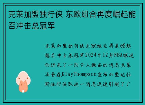 克莱加盟独行侠 东欧组合再度崛起能否冲击总冠军