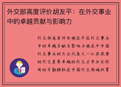 外交部高度评价胡友平：在外交事业中的卓越贡献与影响力